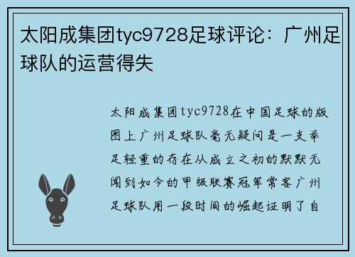 太阳成集团tyc9728足球评论：广州足球队的运营得失