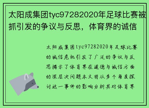 太阳成集团tyc97282020年足球比赛被抓引发的争议与反思，体育界的诚信危机