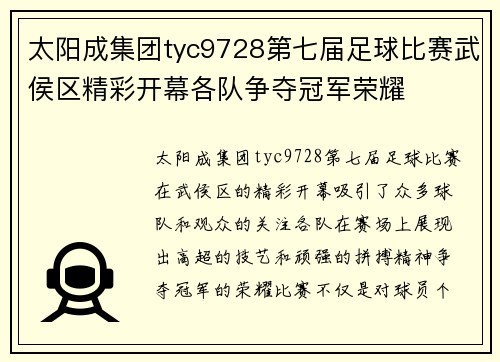 太阳成集团tyc9728第七届足球比赛武侯区精彩开幕各队争夺冠军荣耀