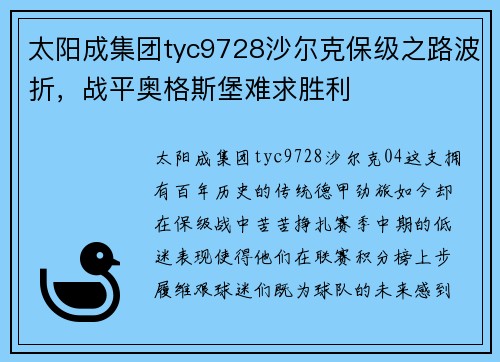 太阳成集团tyc9728沙尔克保级之路波折，战平奥格斯堡难求胜利